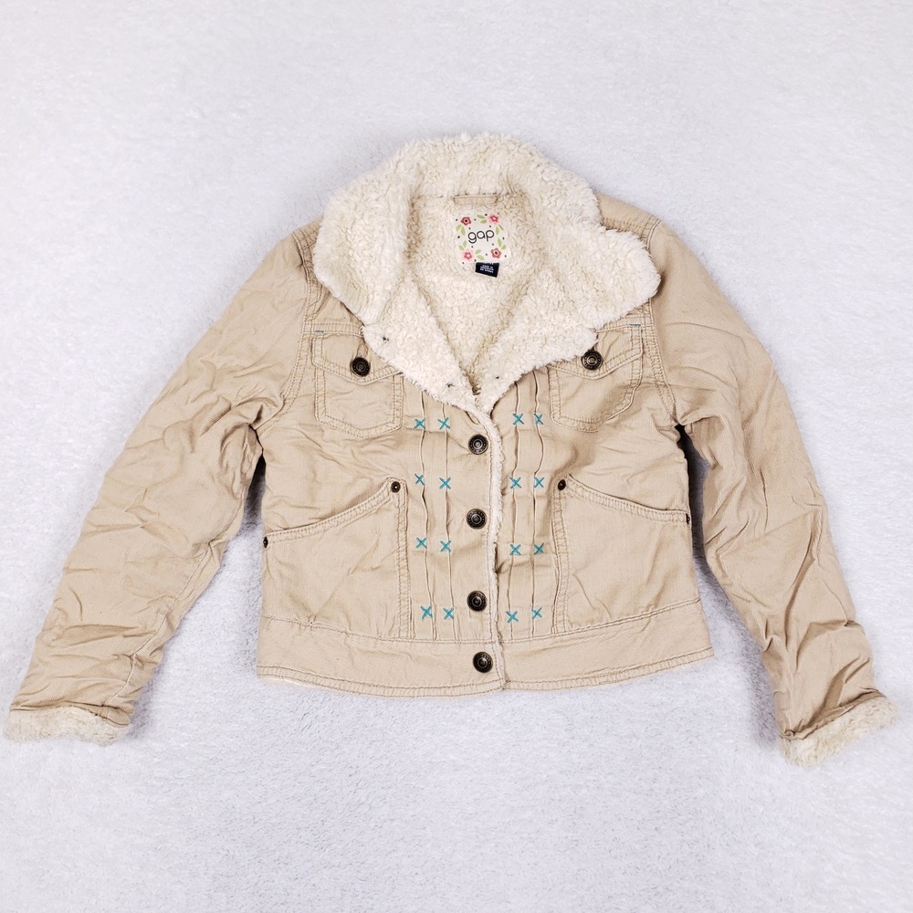 Gap Corduroy Sherpa Jacket Kids S 6 7 Embroidered Trucker Coat Beige Cozy